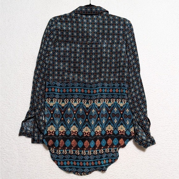 Tolani Silk Tunic Button Up Small Black Aqua Aztec Boho Blouse Prairie Roll Tab - Picture 2 of 8